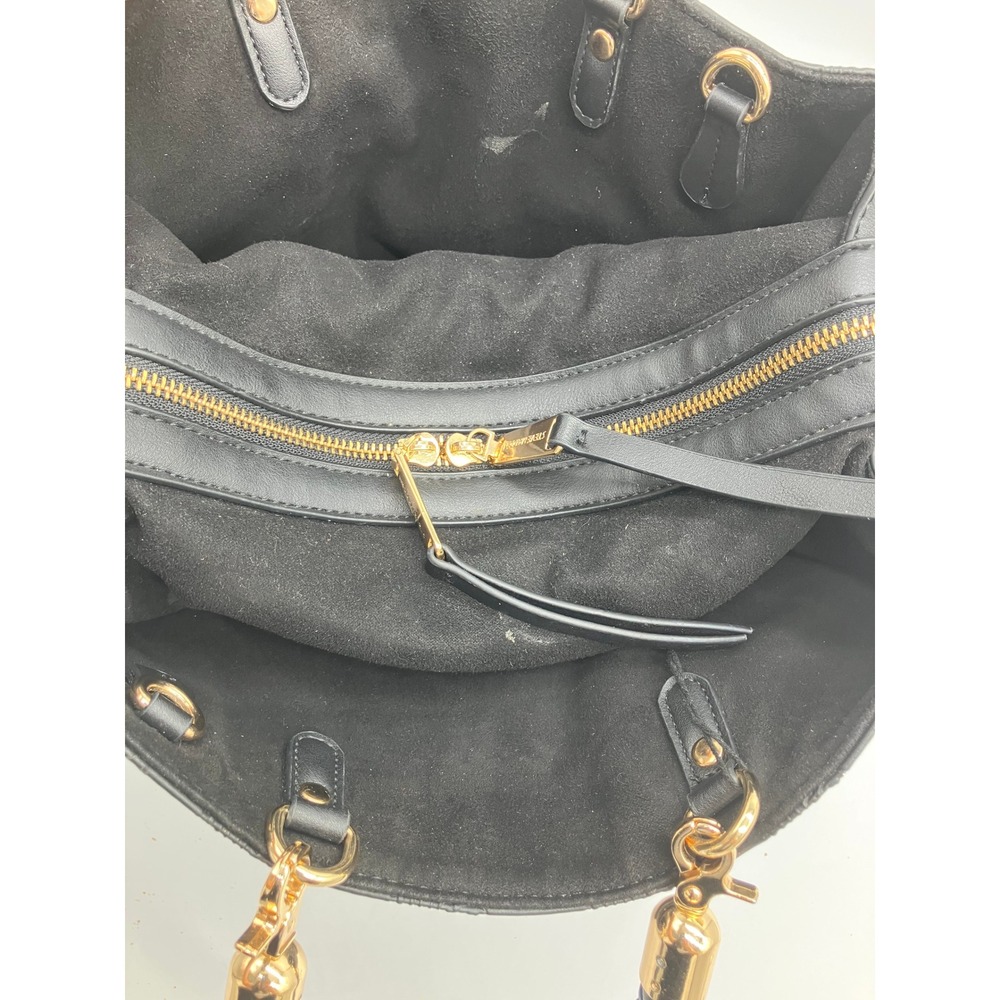 Steve Madden Black Pebbled Faux Leather Tote Bag Gold Hardware Zip Top Handbag - Picture 5 of 10